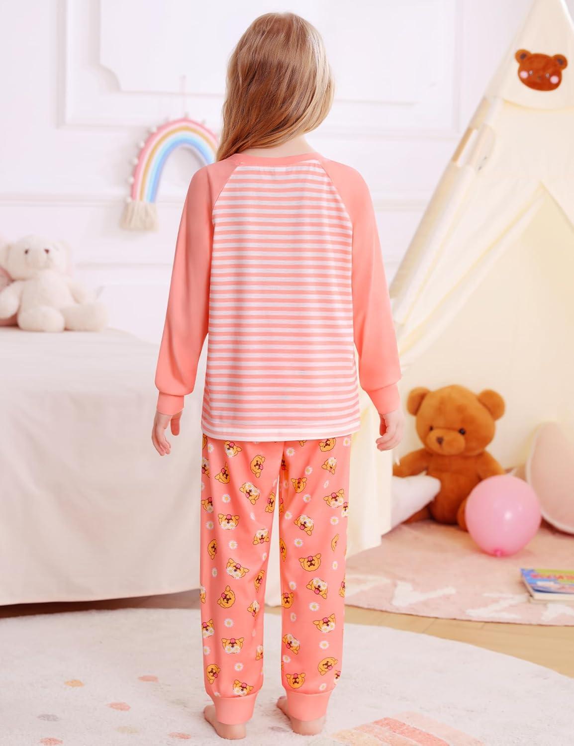 imageSWOMOG Girls Pajama Set Short Sleeve Tops amp Ruffled Shorts with Pocket 2 Piece Summer Pajamas for Kids Size 615Raglan Sleevesorange Dog
