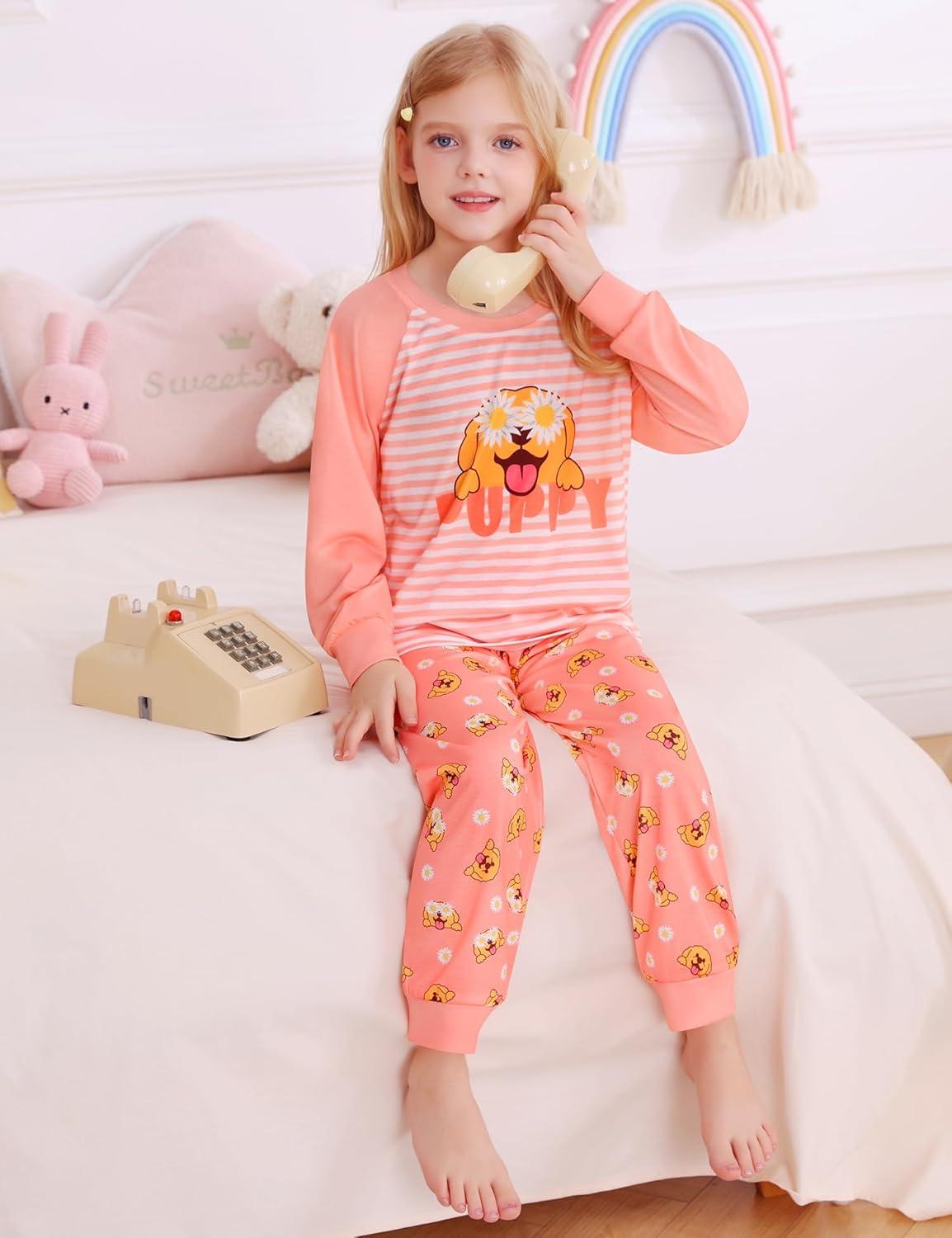 imageSWOMOG Girls Pajama Set Short Sleeve Tops amp Ruffled Shorts with Pocket 2 Piece Summer Pajamas for Kids Size 615Raglan Sleevesorange Dog