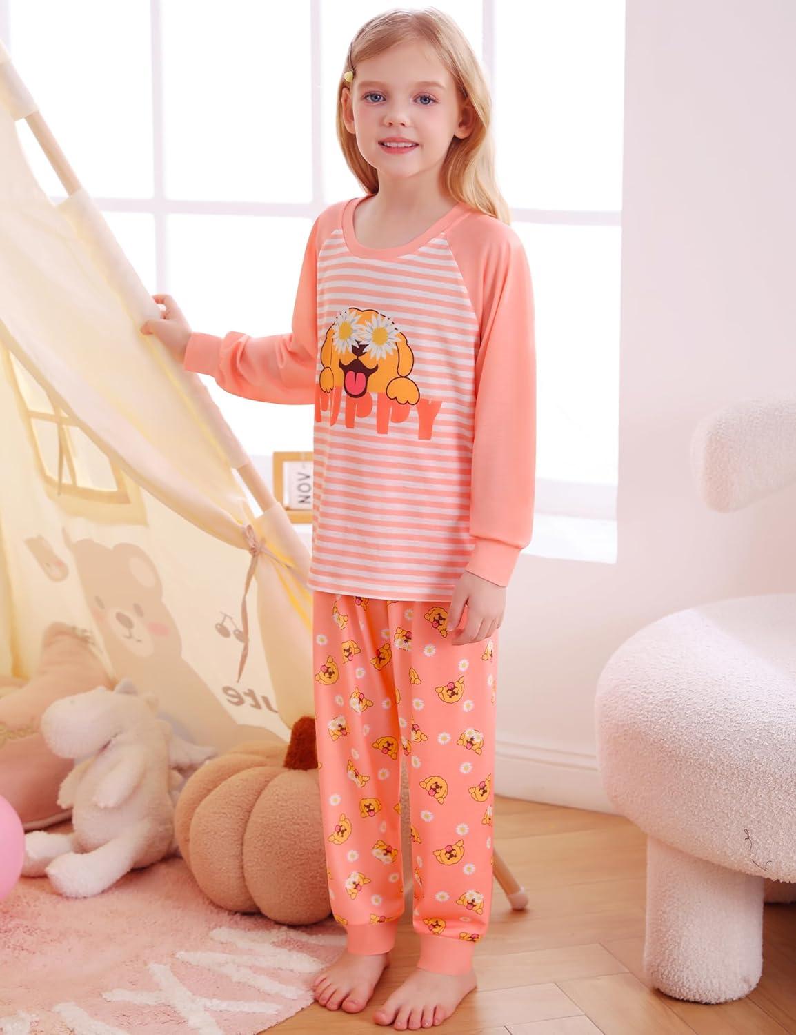 imageSWOMOG Girls Pajama Set Short Sleeve Tops amp Ruffled Shorts with Pocket 2 Piece Summer Pajamas for Kids Size 615Raglan Sleevesorange Dog