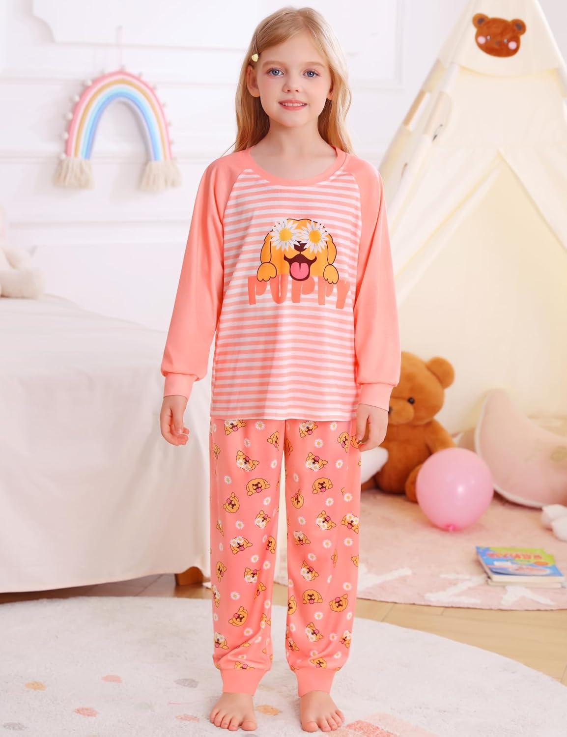 imageSWOMOG Girls Pajama Set Short Sleeve Tops amp Ruffled Shorts with Pocket 2 Piece Summer Pajamas for Kids Size 615Raglan Sleevesorange Dog