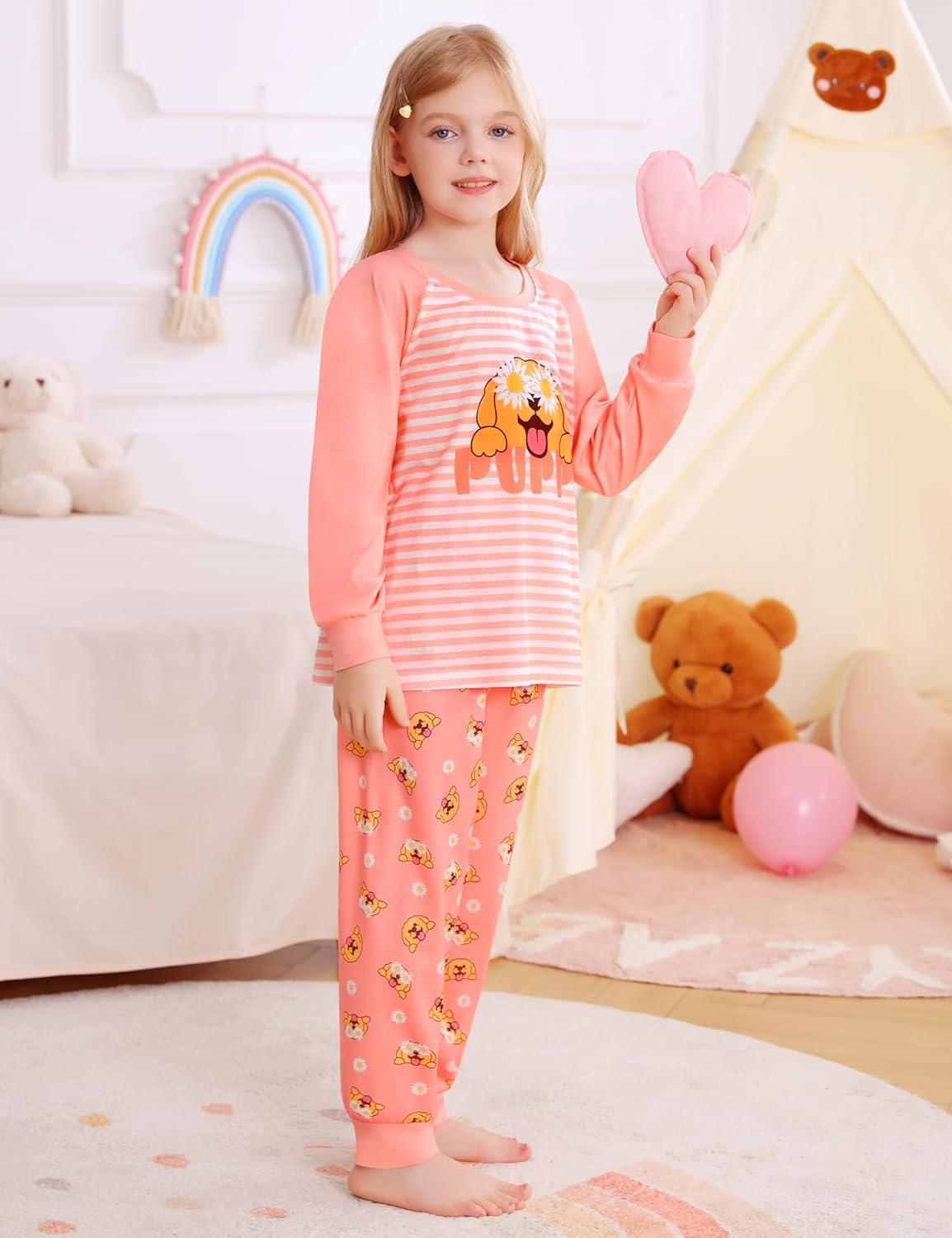 imageSWOMOG Girls Pajama Set Short Sleeve Tops amp Ruffled Shorts with Pocket 2 Piece Summer Pajamas for Kids Size 615Raglan Sleevesorange Dog