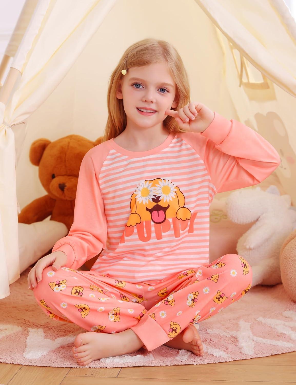 imageSWOMOG Girls Pajama Set Short Sleeve Tops amp Ruffled Shorts with Pocket 2 Piece Summer Pajamas for Kids Size 615Raglan Sleevesorange Dog