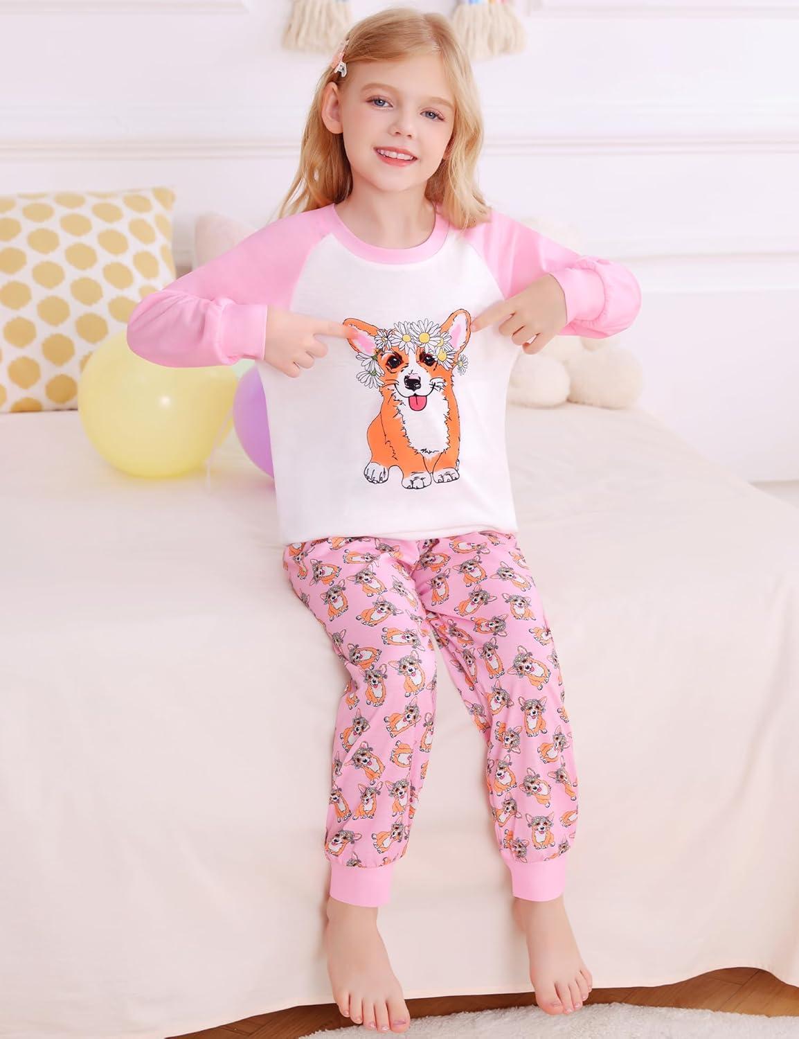 imageSWOMOG Girls Pajama Set Short Sleeve Tops amp Ruffled Shorts with Pocket 2 Piece Summer Pajamas for Kids Size 615Raglan Sleevespurple Dog