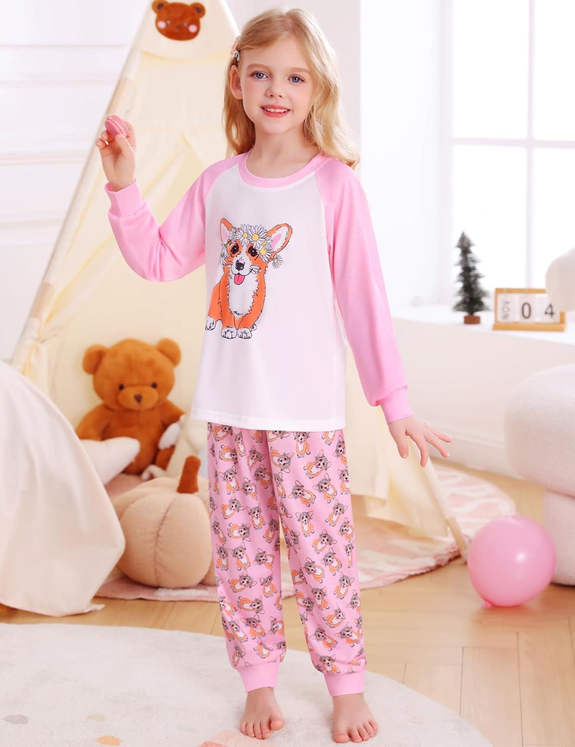 imageSWOMOG Girls Pajama Set Short Sleeve Tops amp Ruffled Shorts with Pocket 2 Piece Summer Pajamas for Kids Size 615Raglan Sleevespurple Dog