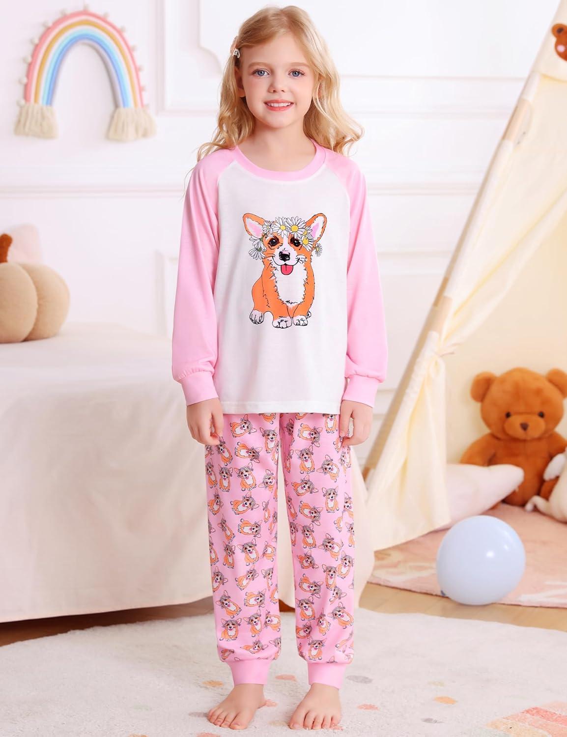 imageSWOMOG Girls Pajama Set Short Sleeve Tops amp Ruffled Shorts with Pocket 2 Piece Summer Pajamas for Kids Size 615Raglan Sleevespurple Dog