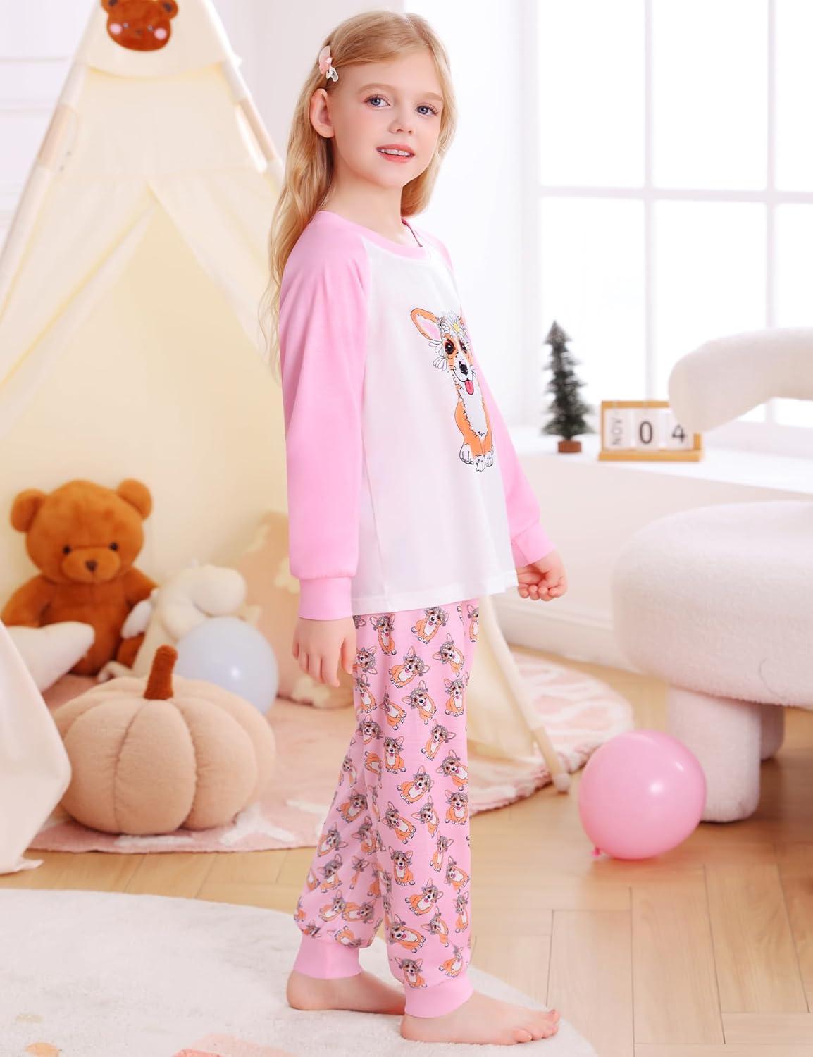 imageSWOMOG Girls Pajama Set Short Sleeve Tops amp Ruffled Shorts with Pocket 2 Piece Summer Pajamas for Kids Size 615Raglan Sleevespurple Dog