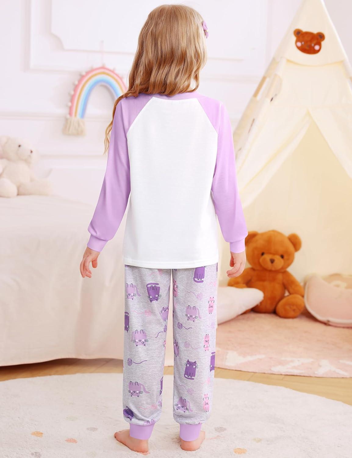 imageSWOMOG Girls Pajama Set Short Sleeve Tops amp Ruffled Shorts with Pocket 2 Piece Summer Pajamas for Kids Size 615Raglan Sleevespurple Kittten Grey
