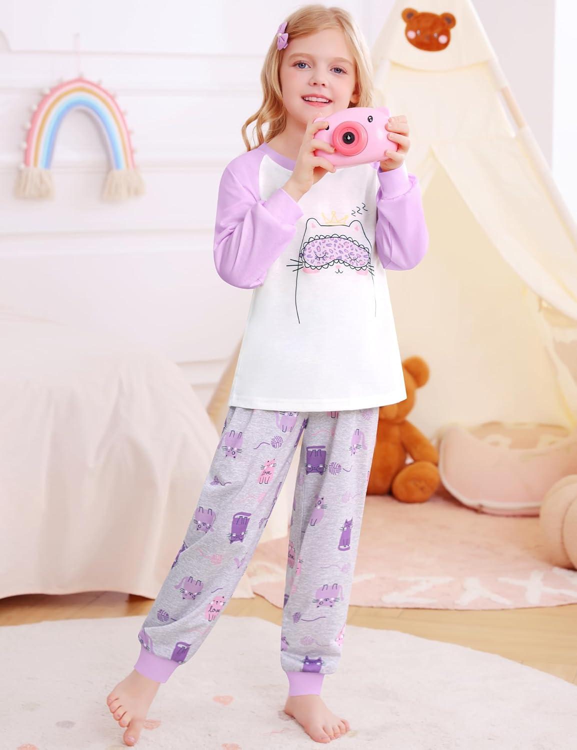 imageSWOMOG Girls Pajama Set Short Sleeve Tops amp Ruffled Shorts with Pocket 2 Piece Summer Pajamas for Kids Size 615Raglan Sleevespurple Kittten Grey