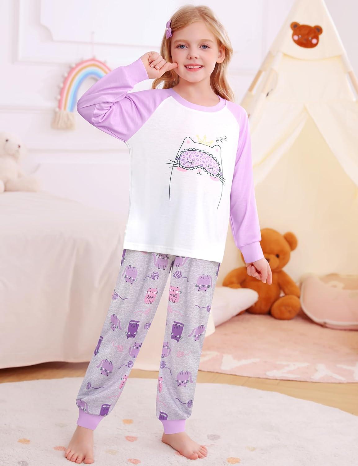 imageSWOMOG Girls Pajama Set Short Sleeve Tops amp Ruffled Shorts with Pocket 2 Piece Summer Pajamas for Kids Size 615Raglan Sleevespurple Kittten Grey
