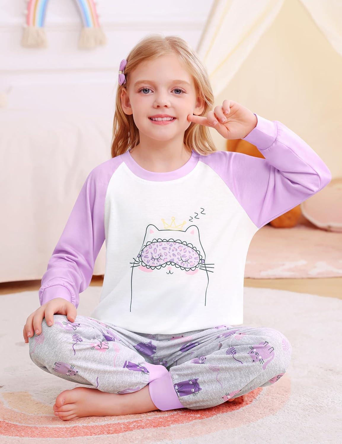imageSWOMOG Girls Pajama Set Short Sleeve Tops amp Ruffled Shorts with Pocket 2 Piece Summer Pajamas for Kids Size 615Raglan Sleevespurple Kittten Grey