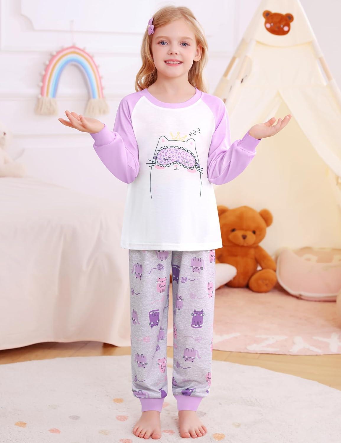 imageSWOMOG Girls Pajama Set Short Sleeve Tops amp Ruffled Shorts with Pocket 2 Piece Summer Pajamas for Kids Size 615Raglan Sleevespurple Kittten Grey