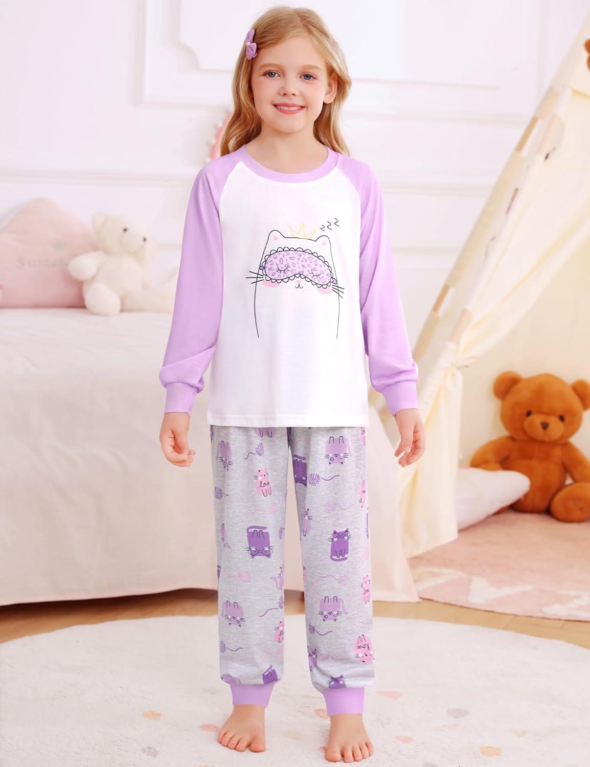 imageSWOMOG Girls Pajama Set Short Sleeve Tops amp Ruffled Shorts with Pocket 2 Piece Summer Pajamas for Kids Size 615Raglan Sleevespurple Kittten Grey