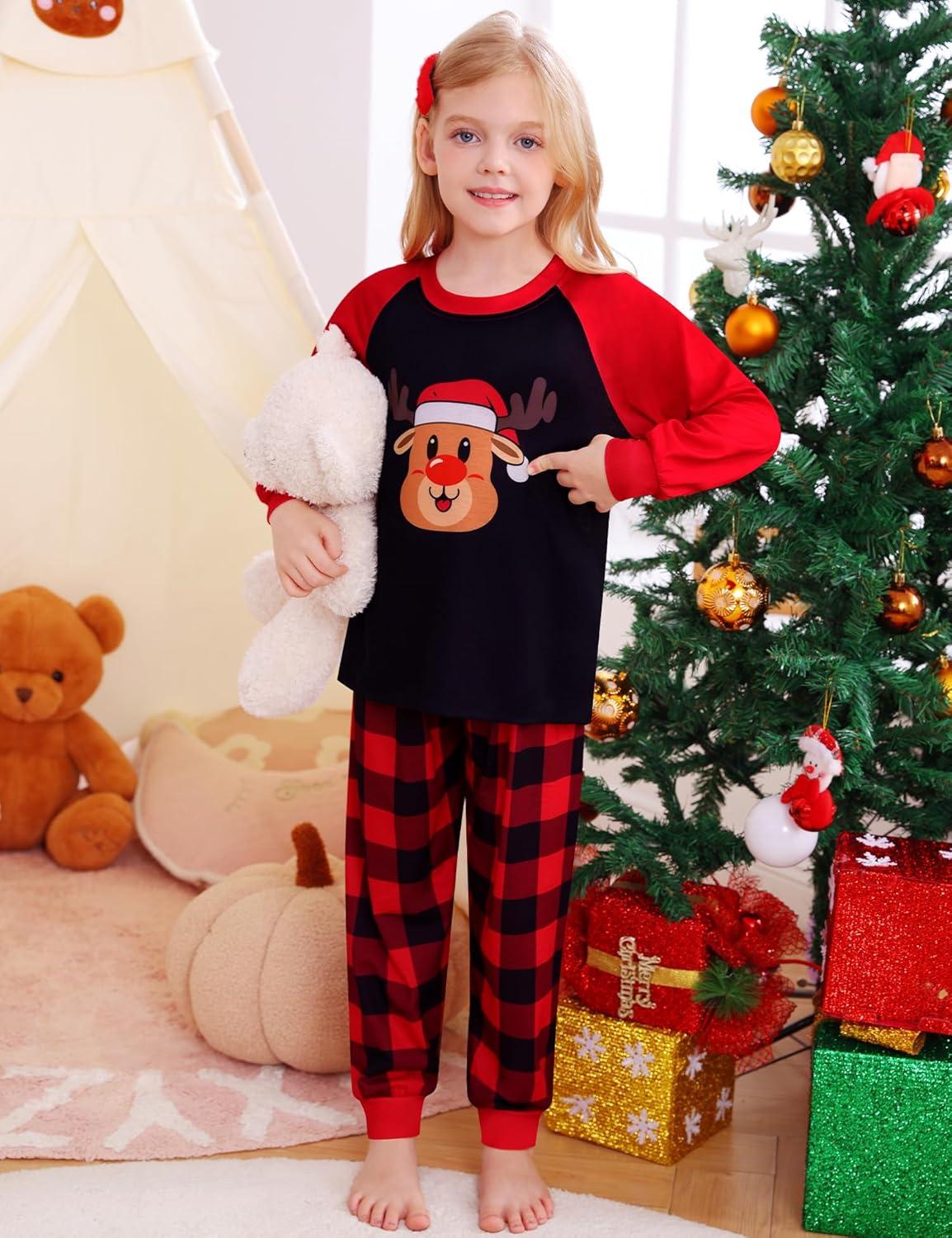 imageSWOMOG Girls Pajama Set Short Sleeve Tops amp Ruffled Shorts with Pocket 2 Piece Summer Pajamas for Kids Size 615Raglan Sleevesred Checkered Elk