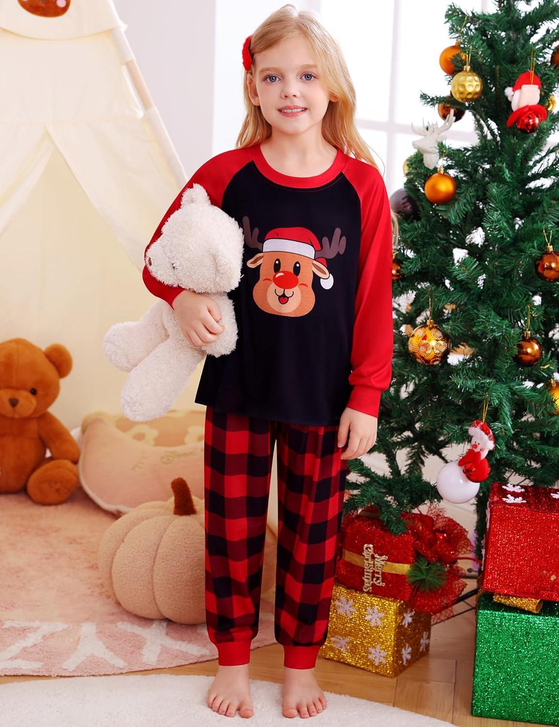 imageSWOMOG Girls Pajama Set Short Sleeve Tops amp Ruffled Shorts with Pocket 2 Piece Summer Pajamas for Kids Size 615Raglan Sleevesred Checkered Elk