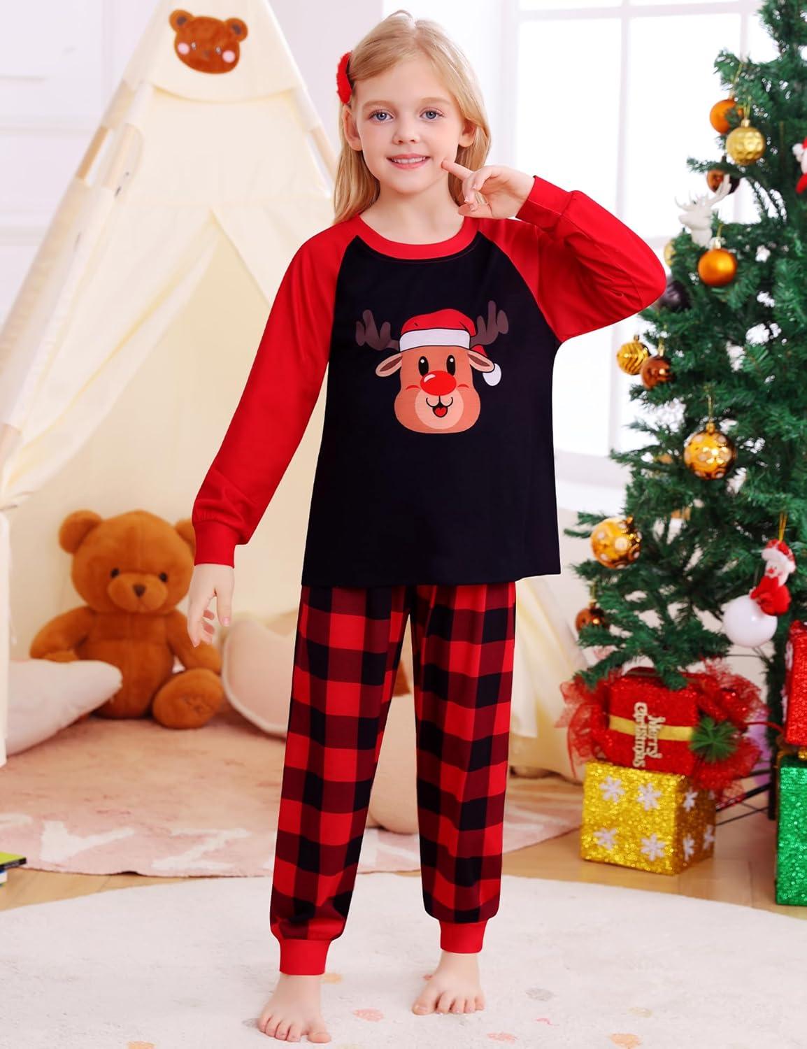 imageSWOMOG Girls Pajama Set Short Sleeve Tops amp Ruffled Shorts with Pocket 2 Piece Summer Pajamas for Kids Size 615Raglan Sleevesred Checkered Elk