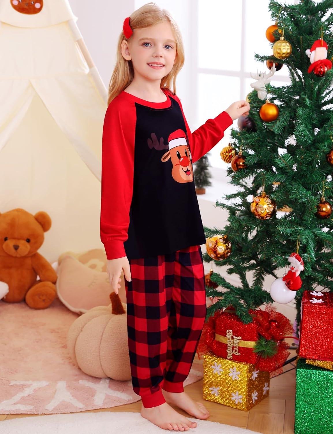imageSWOMOG Girls Pajama Set Short Sleeve Tops amp Ruffled Shorts with Pocket 2 Piece Summer Pajamas for Kids Size 615Raglan Sleevesred Checkered Elk