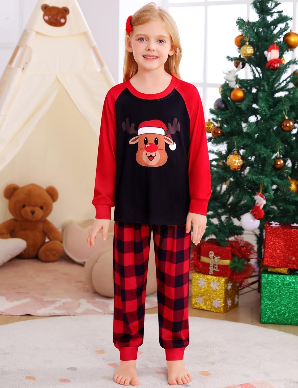imageSWOMOG Girls Pajama Set Short Sleeve Tops amp Ruffled Shorts with Pocket 2 Piece Summer Pajamas for Kids Size 615Raglan Sleevesred Checkered Elk