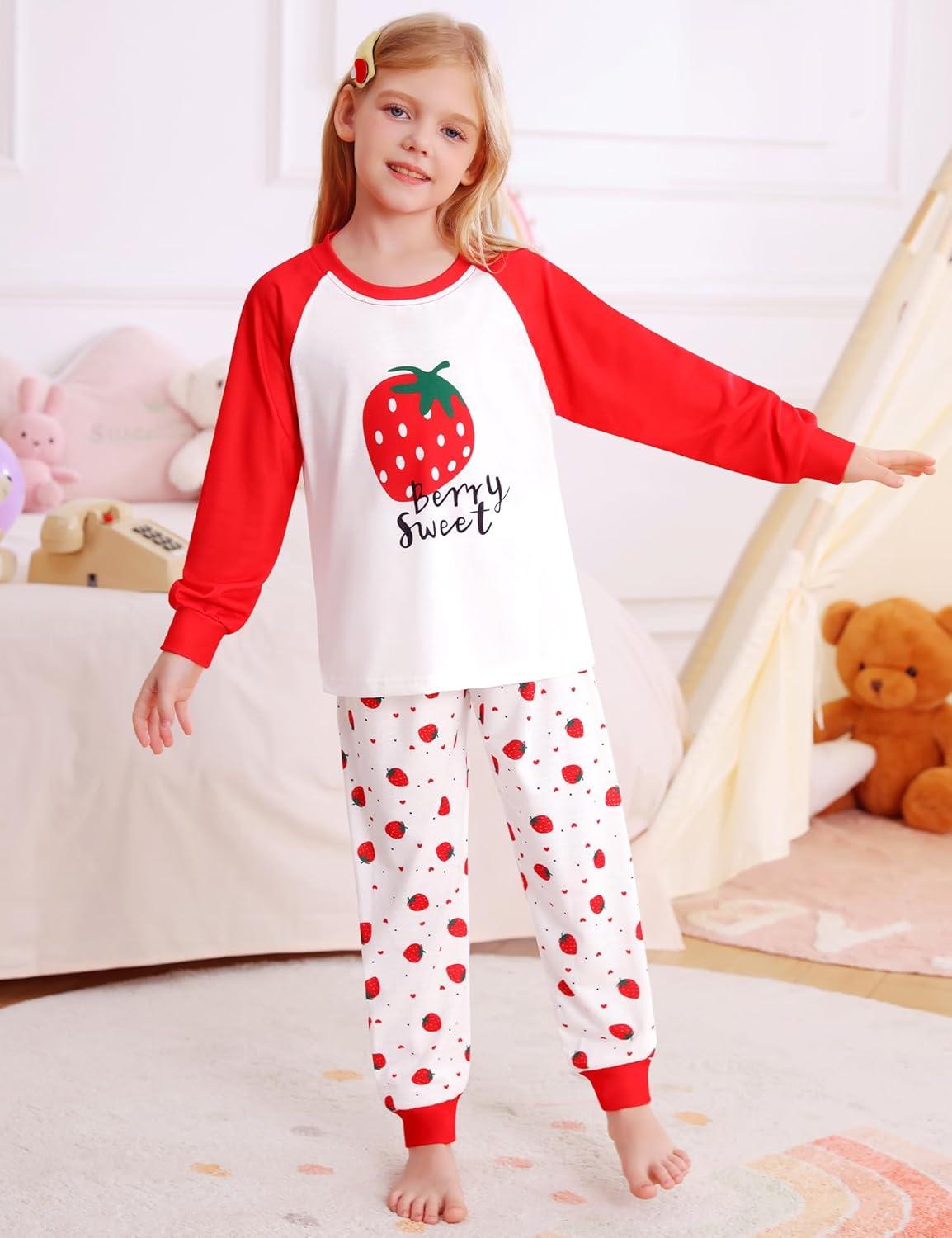 imageSWOMOG Girls Pajama Set Short Sleeve Tops amp Ruffled Shorts with Pocket 2 Piece Summer Pajamas for Kids Size 615Raglan Sleevesred Strawberry