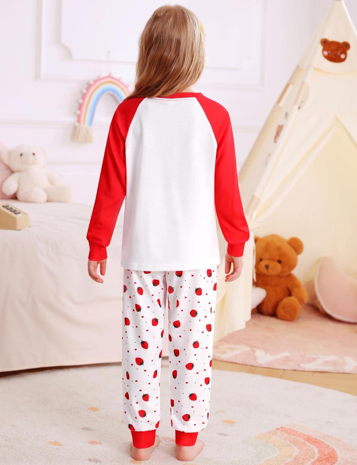 imageSWOMOG Girls Pajama Set Short Sleeve Tops amp Ruffled Shorts with Pocket 2 Piece Summer Pajamas for Kids Size 615Raglan Sleevesred Strawberry