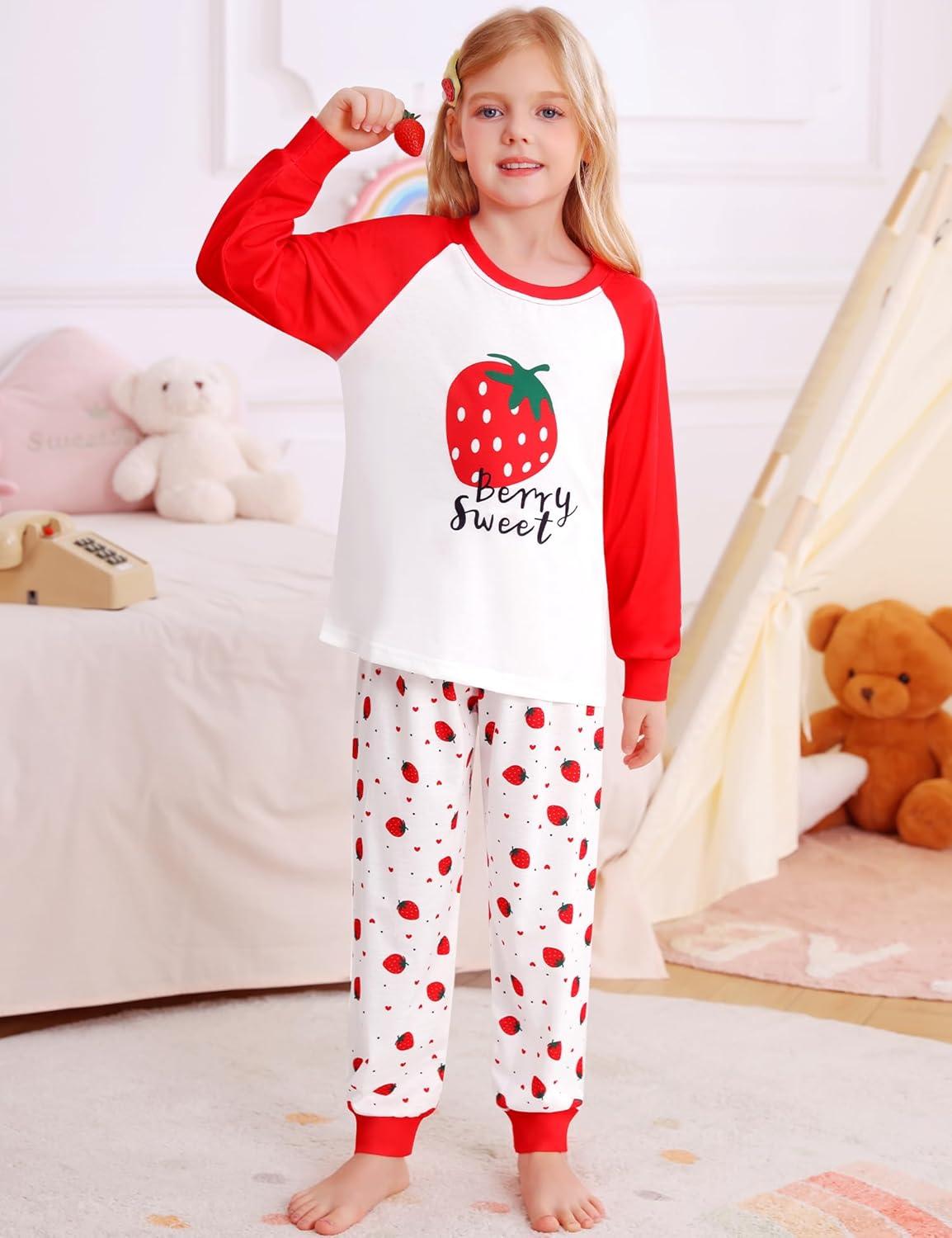 imageSWOMOG Girls Pajama Set Short Sleeve Tops amp Ruffled Shorts with Pocket 2 Piece Summer Pajamas for Kids Size 615Raglan Sleevesred Strawberry