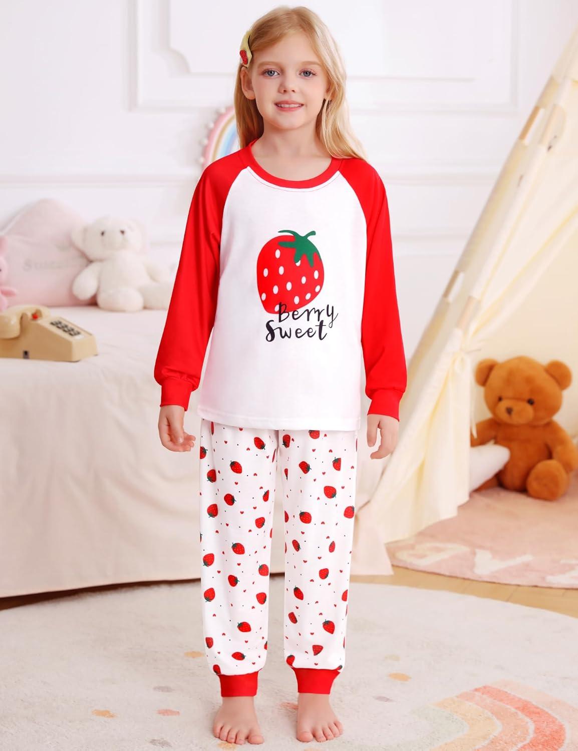 imageSWOMOG Girls Pajama Set Short Sleeve Tops amp Ruffled Shorts with Pocket 2 Piece Summer Pajamas for Kids Size 615Raglan Sleevesred Strawberry