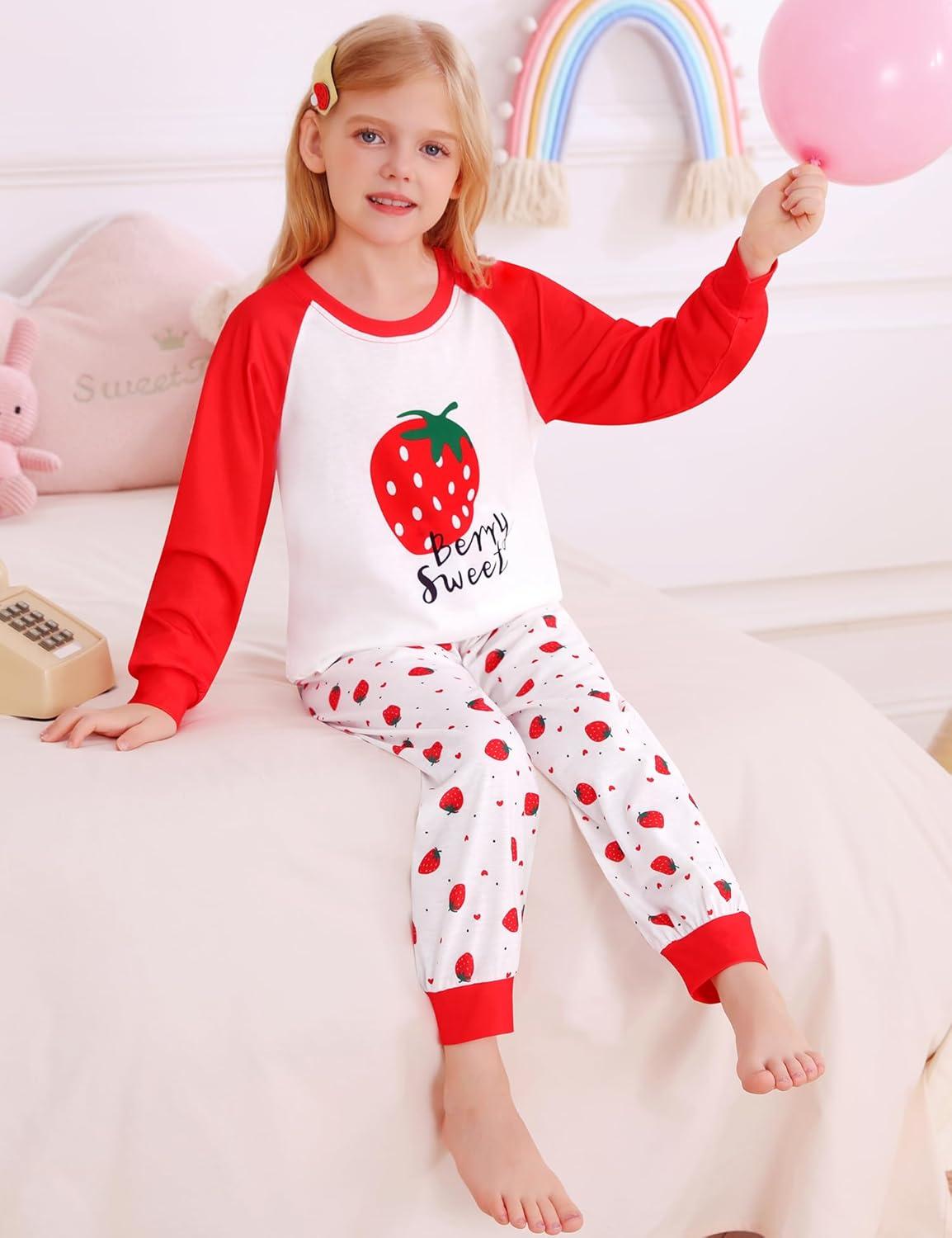 imageSWOMOG Girls Pajama Set Short Sleeve Tops amp Ruffled Shorts with Pocket 2 Piece Summer Pajamas for Kids Size 615Raglan Sleevesred Strawberry