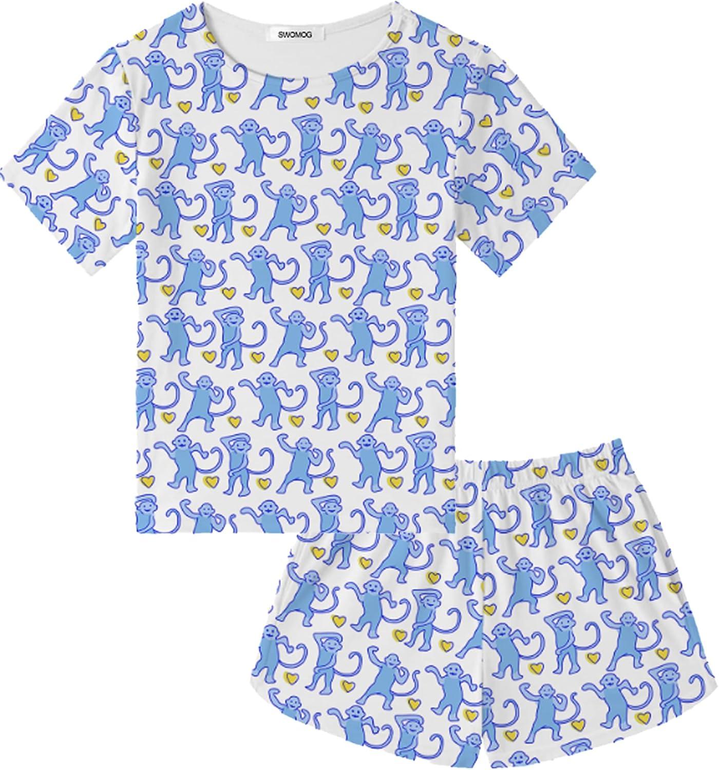 imageSWOMOG Girls Pajama Set Short Sleeve Tops amp Ruffled Shorts with Pocket 2 Piece Summer Pajamas for Kids Size 615Short Sleeveblue Monkey