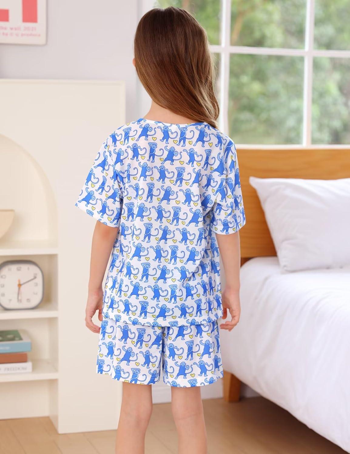 imageSWOMOG Girls Pajama Set Short Sleeve Tops amp Ruffled Shorts with Pocket 2 Piece Summer Pajamas for Kids Size 615Short Sleeveblue Monkey