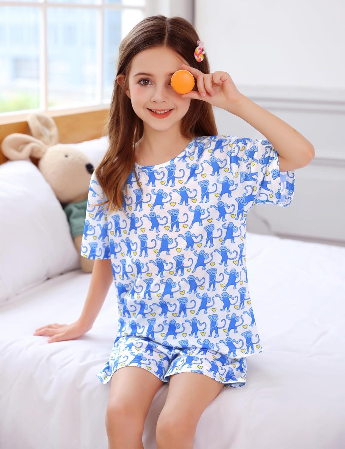 imageSWOMOG Girls Pajama Set Short Sleeve Tops amp Ruffled Shorts with Pocket 2 Piece Summer Pajamas for Kids Size 615Short Sleeveblue Monkey