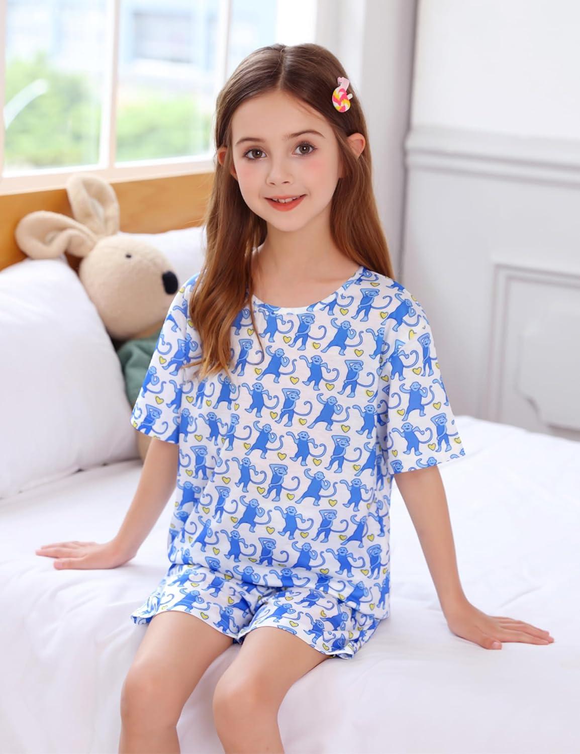 imageSWOMOG Girls Pajama Set Short Sleeve Tops amp Ruffled Shorts with Pocket 2 Piece Summer Pajamas for Kids Size 615Short Sleeveblue Monkey