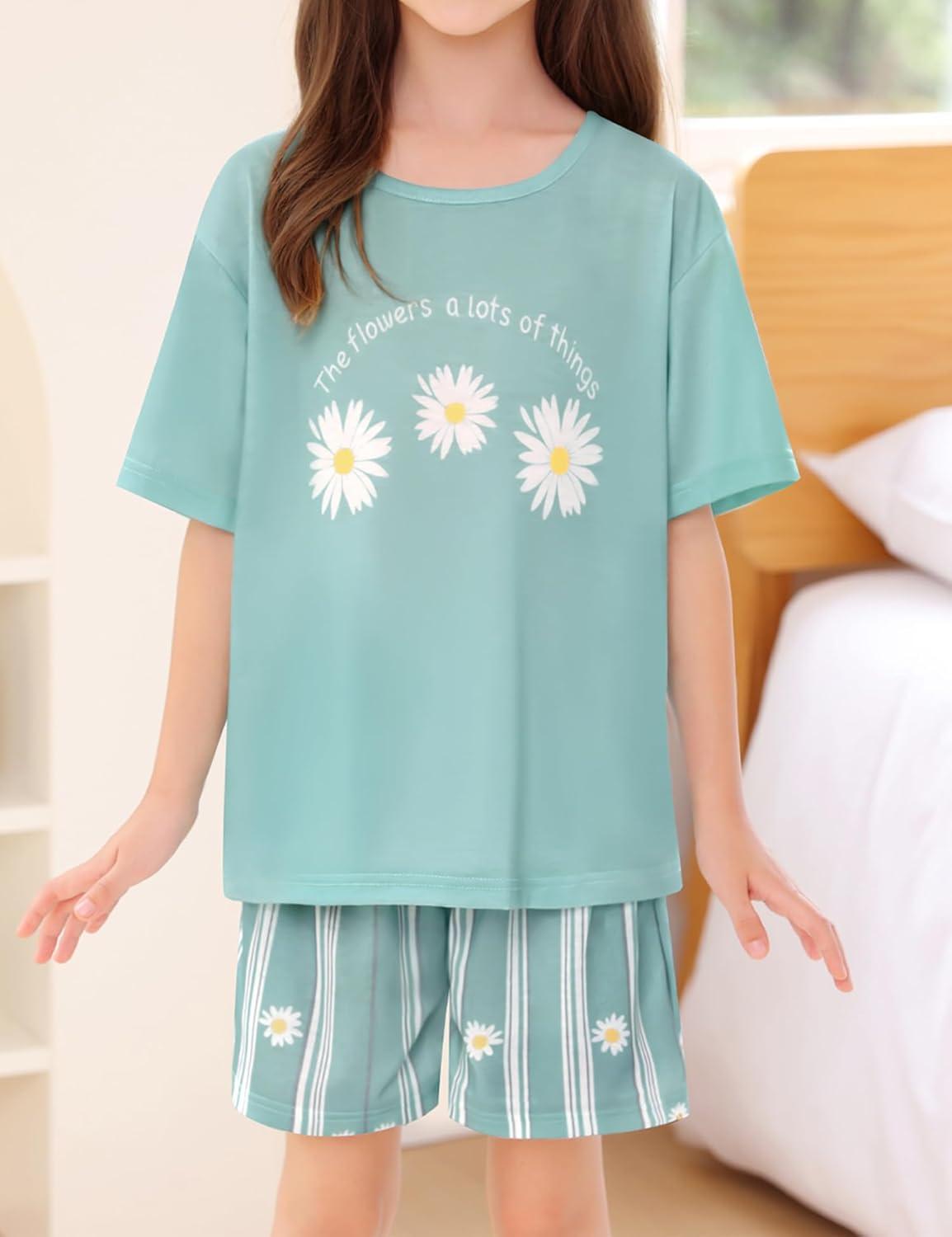 imageSWOMOG Girls Pajama Set Short Sleeve Tops amp Ruffled Shorts with Pocket 2 Piece Summer Pajamas for Kids Size 615Short Sleevegreen Daisy