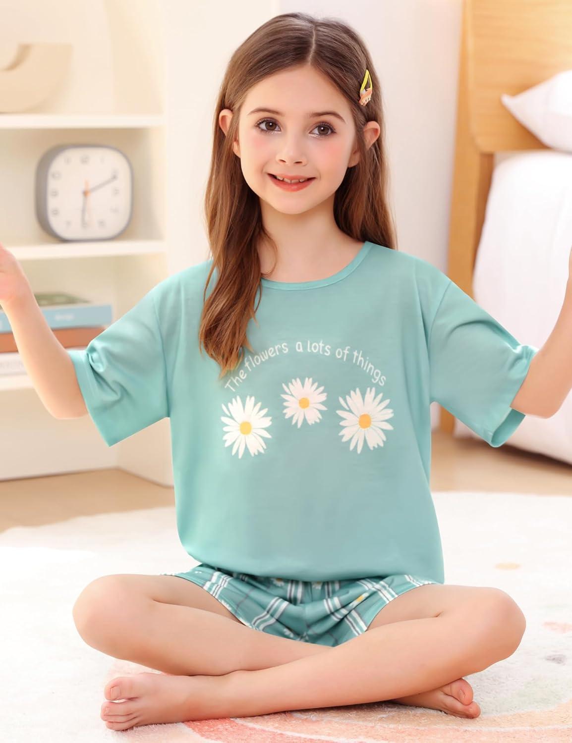 imageSWOMOG Girls Pajama Set Short Sleeve Tops amp Ruffled Shorts with Pocket 2 Piece Summer Pajamas for Kids Size 615Short Sleevegreen Daisy
