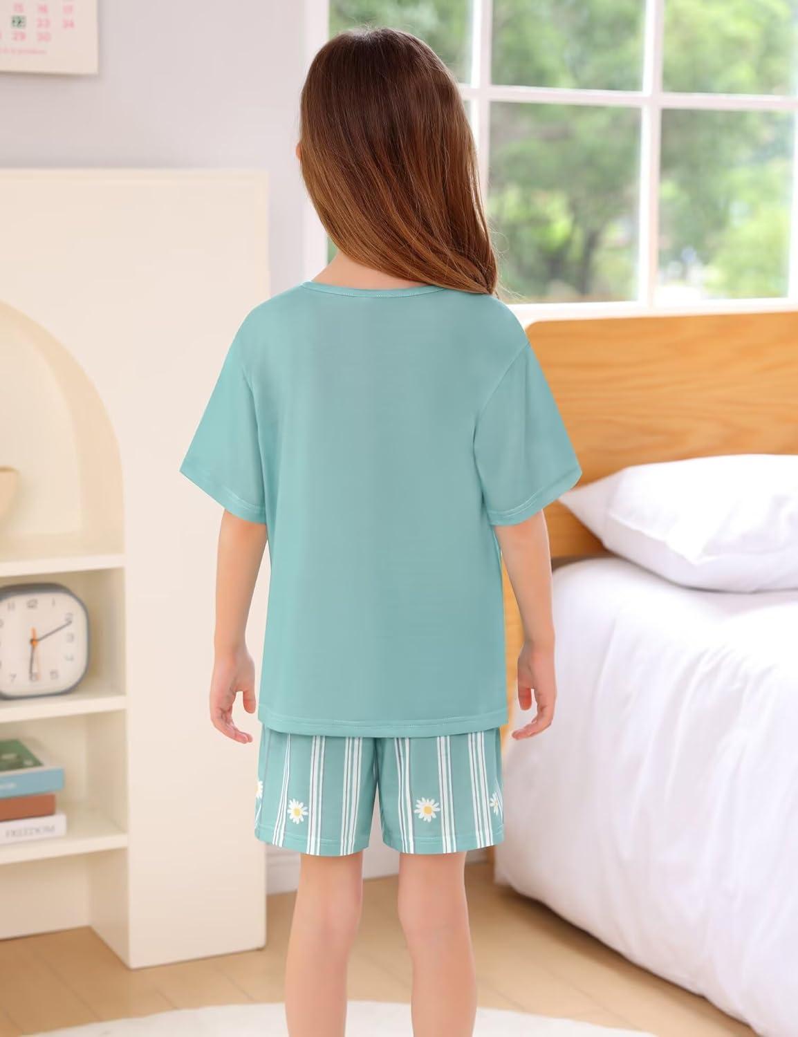 imageSWOMOG Girls Pajama Set Short Sleeve Tops amp Ruffled Shorts with Pocket 2 Piece Summer Pajamas for Kids Size 615Short Sleevegreen Daisy