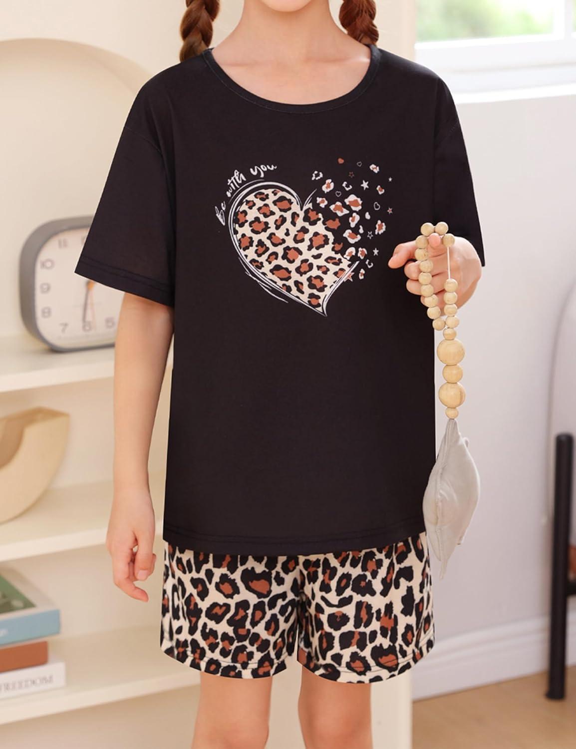 imageSWOMOG Girls Pajama Set Short Sleeve Tops amp Ruffled Shorts with Pocket 2 Piece Summer Pajamas for Kids Size 615Short Sleeveleopard Heart