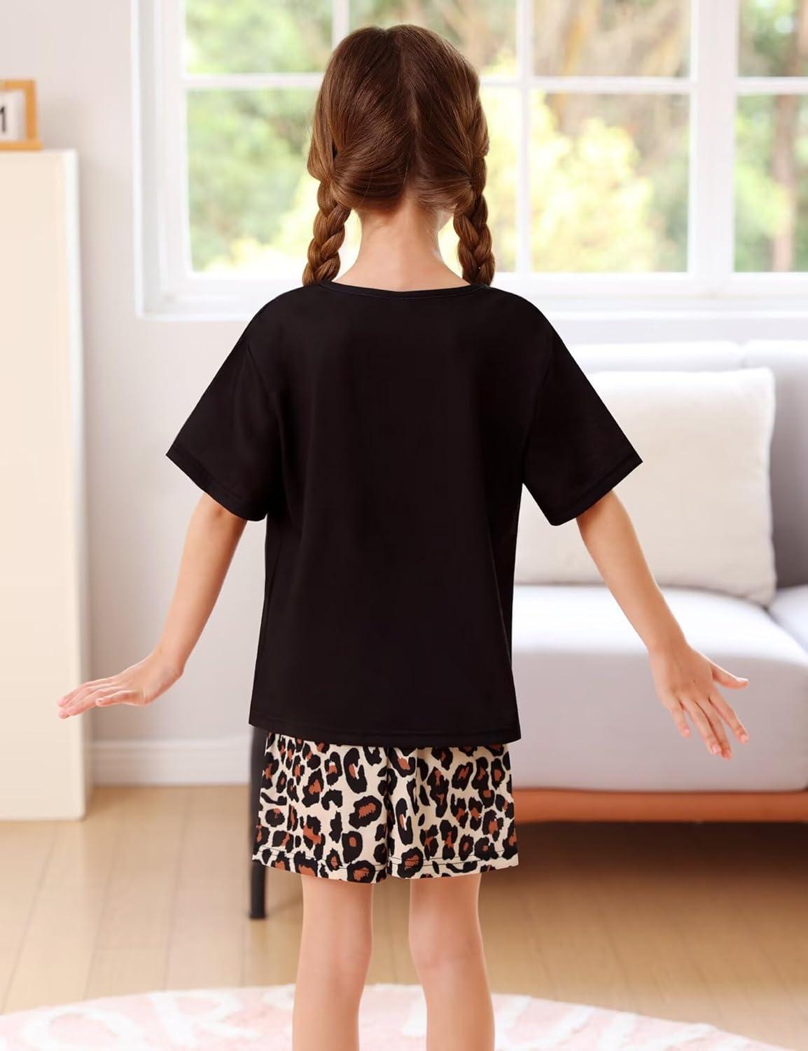 imageSWOMOG Girls Pajama Set Short Sleeve Tops amp Ruffled Shorts with Pocket 2 Piece Summer Pajamas for Kids Size 615Short Sleeveleopard Heart