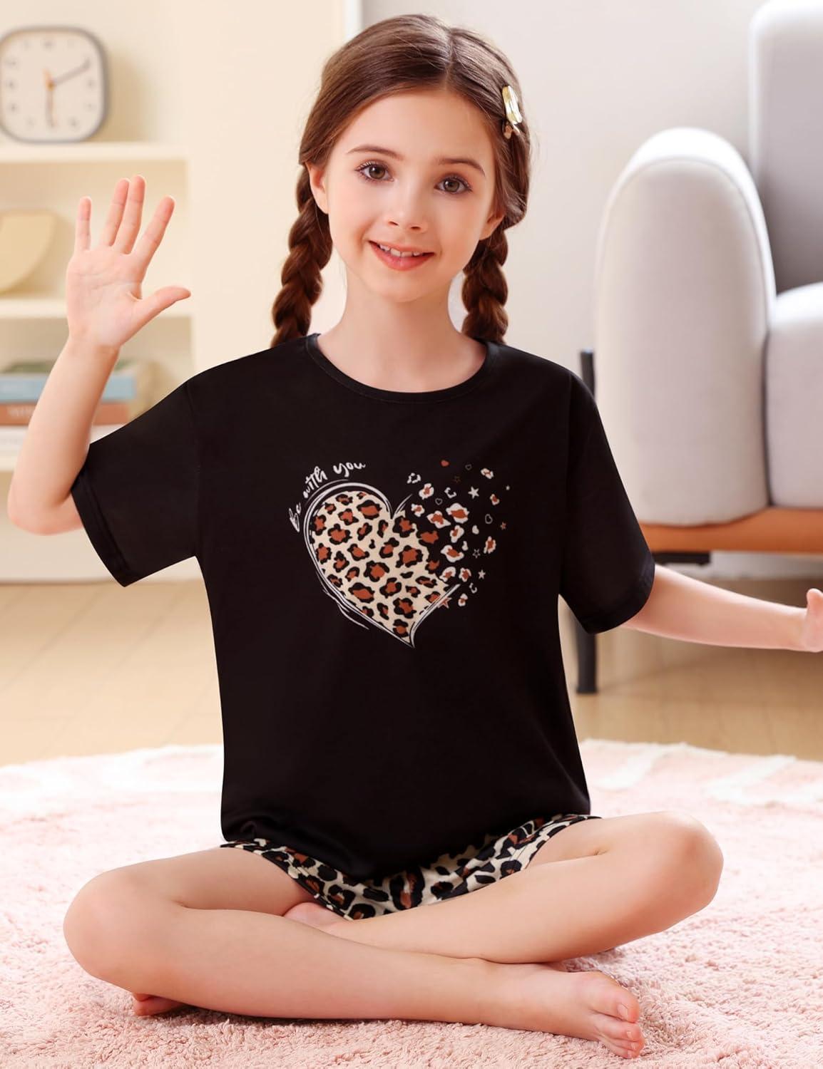 imageSWOMOG Girls Pajama Set Short Sleeve Tops amp Ruffled Shorts with Pocket 2 Piece Summer Pajamas for Kids Size 615Short Sleeveleopard Heart