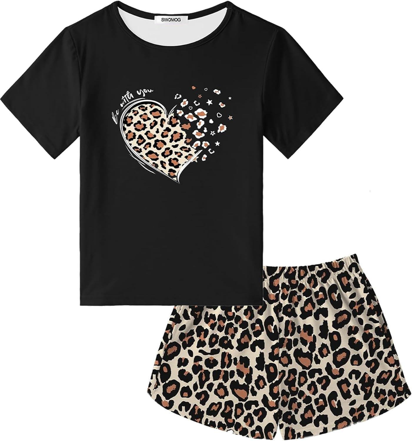 imageSWOMOG Girls Pajama Set Short Sleeve Tops amp Ruffled Shorts with Pocket 2 Piece Summer Pajamas for Kids Size 615Short Sleeveleopard Heart