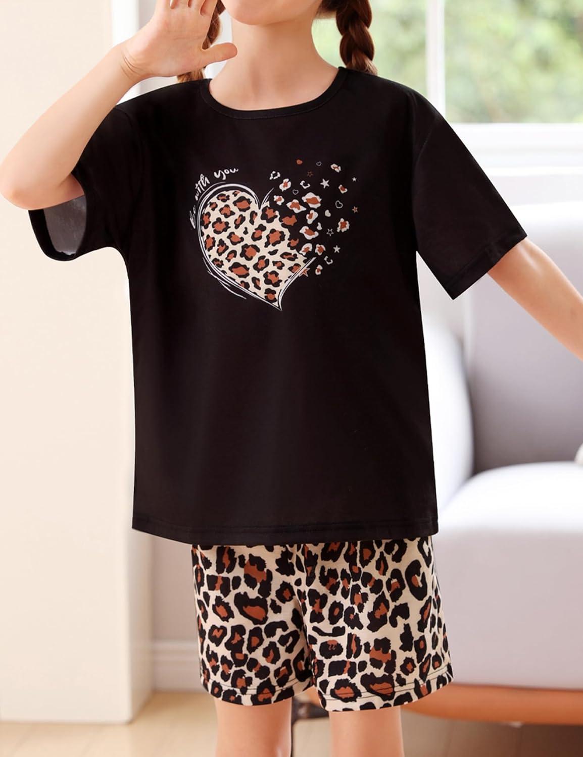 imageSWOMOG Girls Pajama Set Short Sleeve Tops amp Ruffled Shorts with Pocket 2 Piece Summer Pajamas for Kids Size 615Short Sleeveleopard Heart