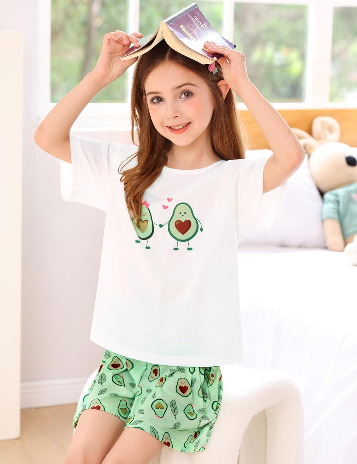 imageSWOMOG Girls Pajama Set Short Sleeve Tops amp Ruffled Shorts with Pocket 2 Piece Summer Pajamas for Kids Size 615Short Sleevelove Avocado