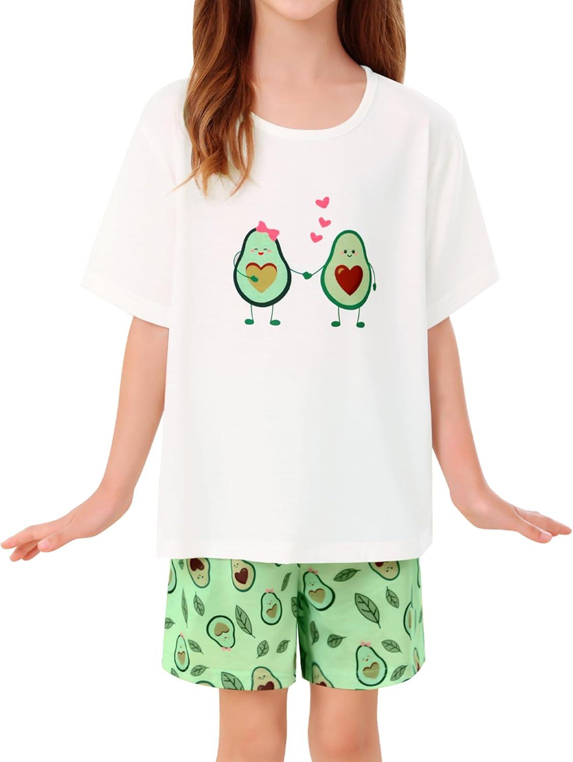 imageSWOMOG Girls Pajama Set Short Sleeve Tops amp Ruffled Shorts with Pocket 2 Piece Summer Pajamas for Kids Size 615Short Sleevelove Avocado