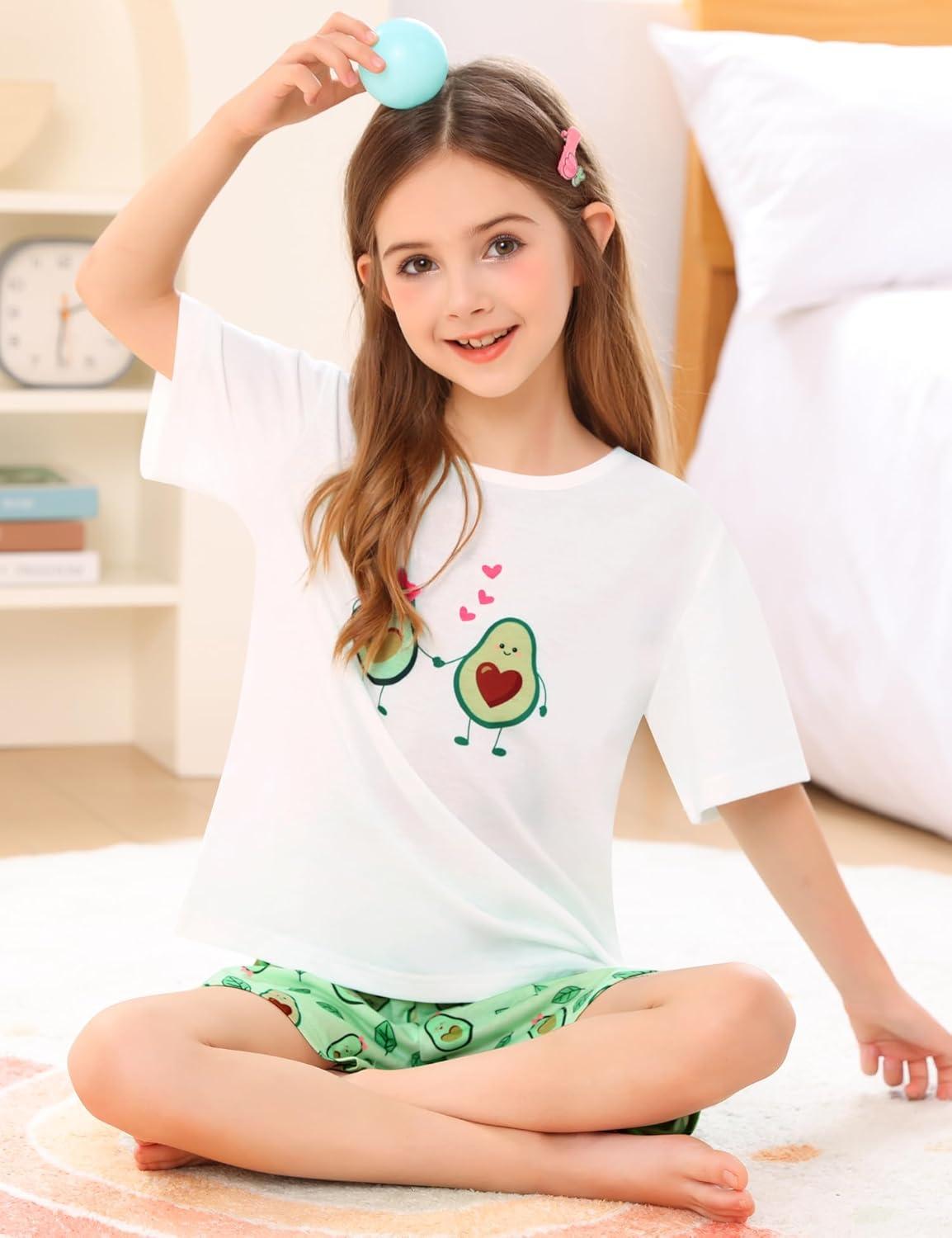 imageSWOMOG Girls Pajama Set Short Sleeve Tops amp Ruffled Shorts with Pocket 2 Piece Summer Pajamas for Kids Size 615Short Sleevelove Avocado