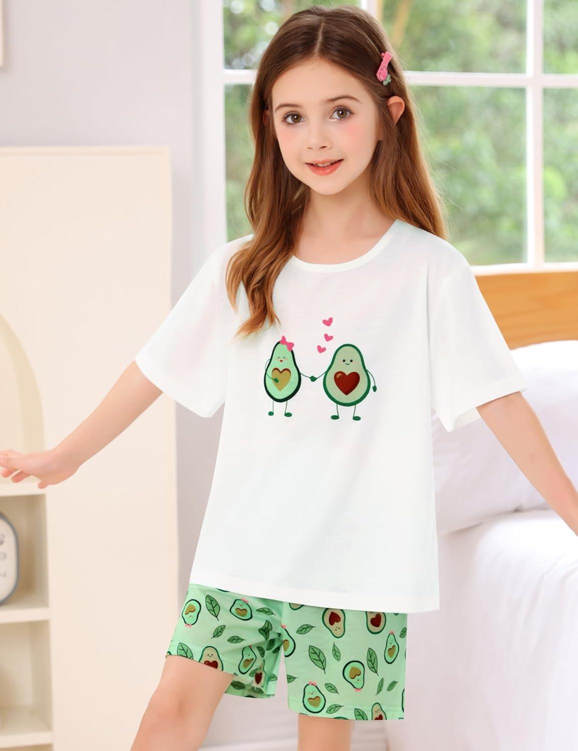 imageSWOMOG Girls Pajama Set Short Sleeve Tops amp Ruffled Shorts with Pocket 2 Piece Summer Pajamas for Kids Size 615Short Sleevelove Avocado