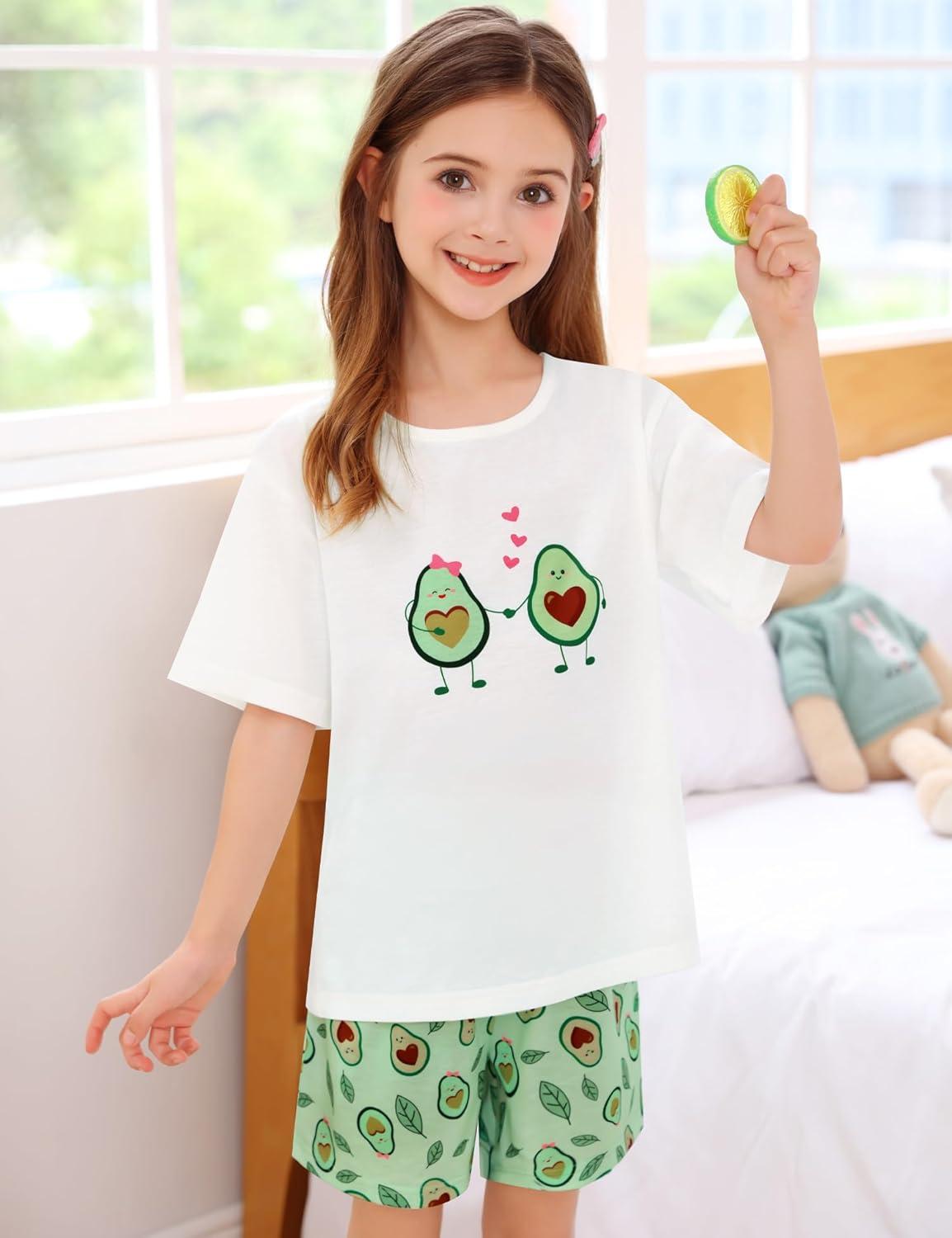 imageSWOMOG Girls Pajama Set Short Sleeve Tops amp Ruffled Shorts with Pocket 2 Piece Summer Pajamas for Kids Size 615Short Sleevelove Avocado