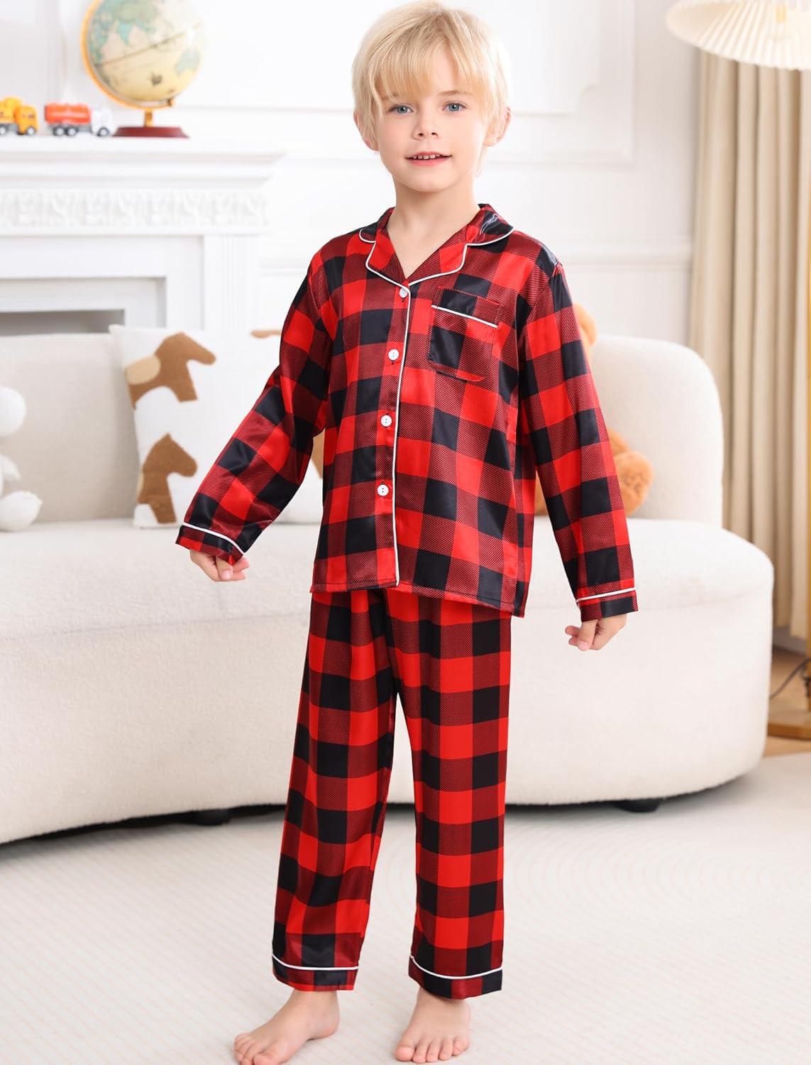 imageSWOMOG Girls Pajamas Set Kids Button Down Cute Print Pjs Sets Pant 2 Piece Soft Long Sleeve Sleepwear LoungewearBlack Red Plaid