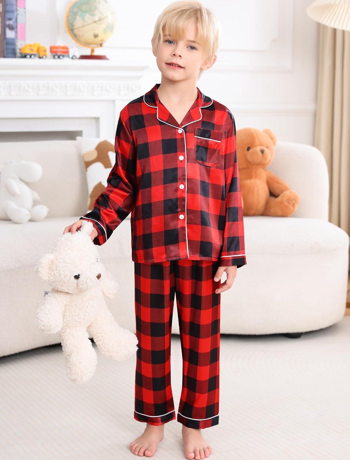 imageSWOMOG Girls Pajamas Set Kids Button Down Cute Print Pjs Sets Pant 2 Piece Soft Long Sleeve Sleepwear LoungewearBlack Red Plaid