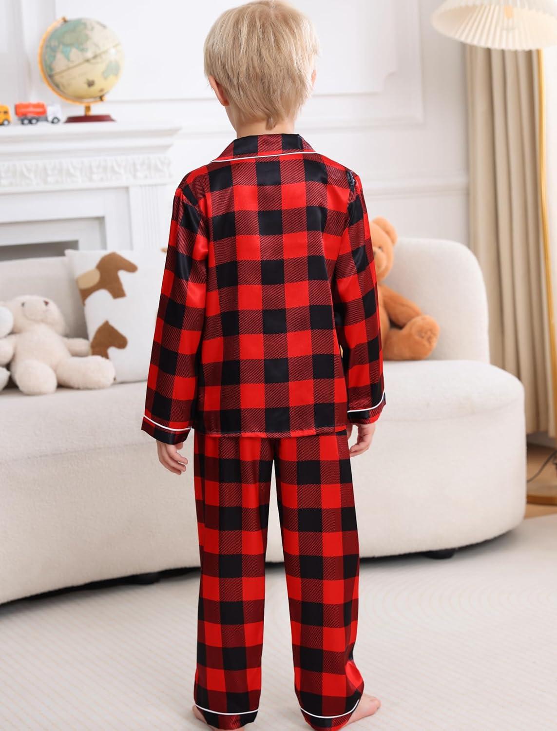 imageSWOMOG Girls Pajamas Set Kids Button Down Cute Print Pjs Sets Pant 2 Piece Soft Long Sleeve Sleepwear LoungewearBlack Red Plaid