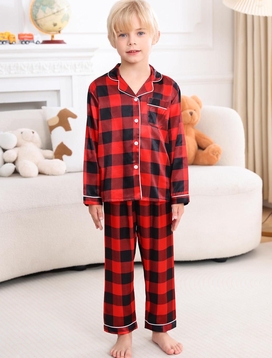 imageSWOMOG Girls Pajamas Set Kids Button Down Cute Print Pjs Sets Pant 2 Piece Soft Long Sleeve Sleepwear LoungewearBlack Red Plaid
