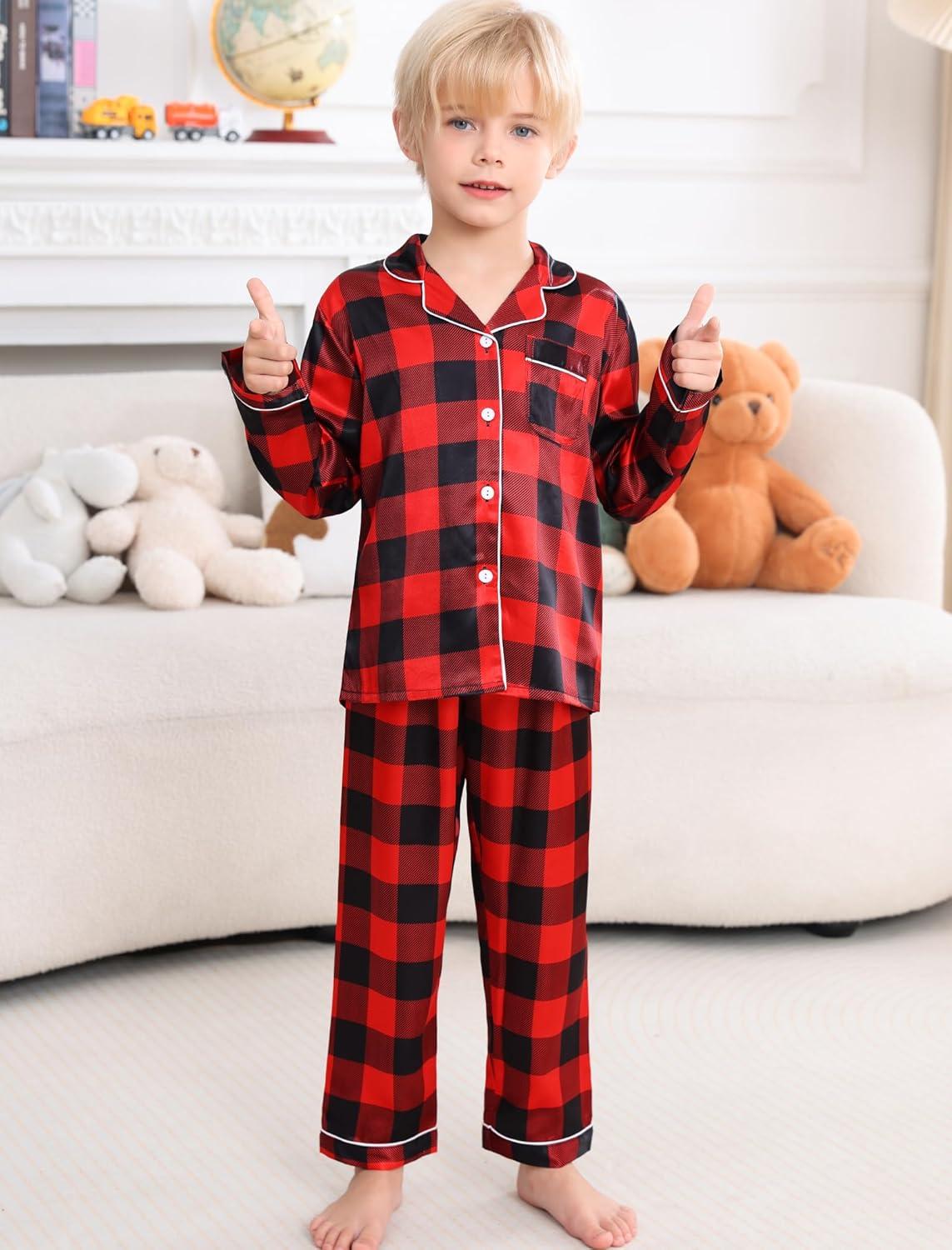 imageSWOMOG Girls Pajamas Set Kids Button Down Cute Print Pjs Sets Pant 2 Piece Soft Long Sleeve Sleepwear LoungewearBlack Red Plaid