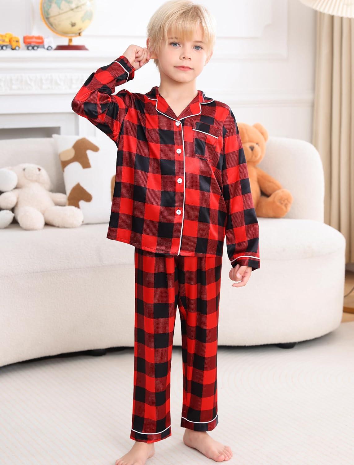 imageSWOMOG Girls Pajamas Set Kids Button Down Cute Print Pjs Sets Pant 2 Piece Soft Long Sleeve Sleepwear LoungewearBlack Red Plaid