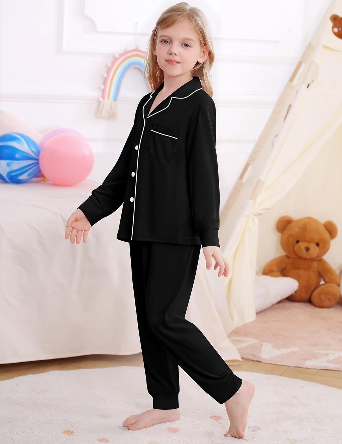 imageSWOMOG Girls Pajamas Set Kids Button Down Cute Print Pjs Sets Pant 2 Piece Soft Long Sleeve Sleepwear LoungewearBlack